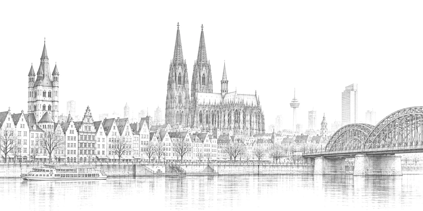 Bleistiftskizze der Kölner Skyline mit Dom, Groß St. Martin und Hohenzollernbrücke
